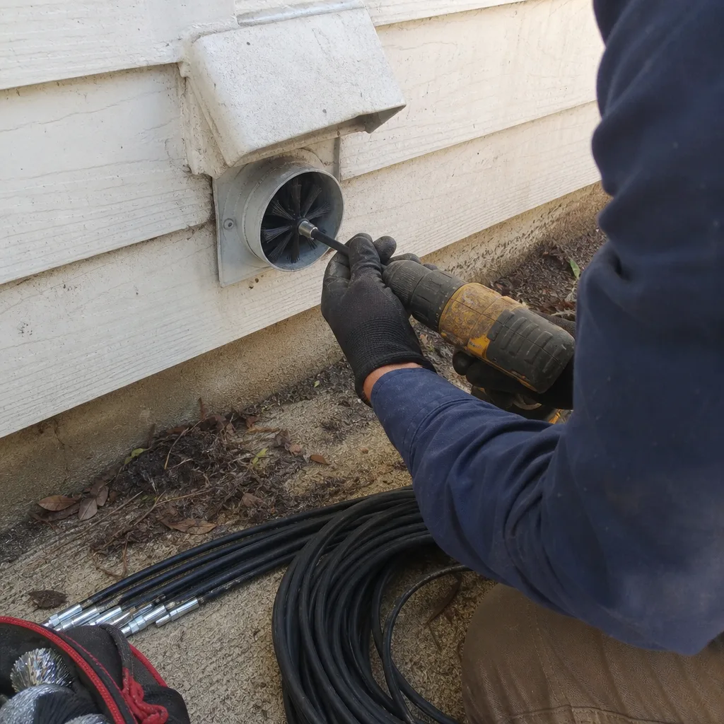 Technician using rotary brush tool for professional dryer vent cleaning service