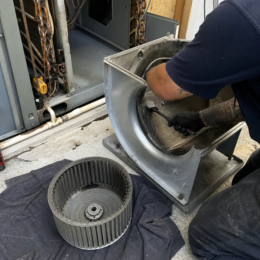 HVAC technician cleaning blower assembly and internal housing during professional maintenance