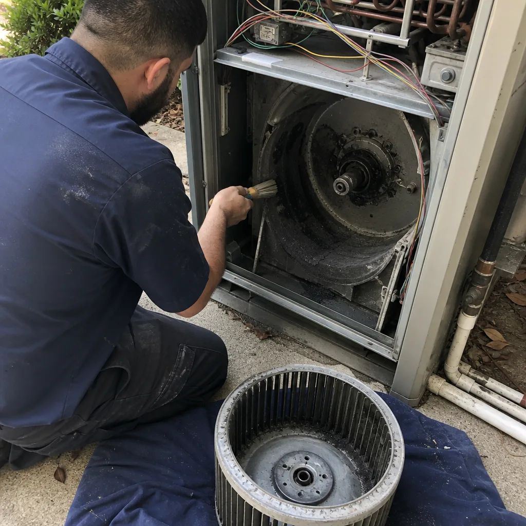 HVAC technician cleaning furnace blower housing and components