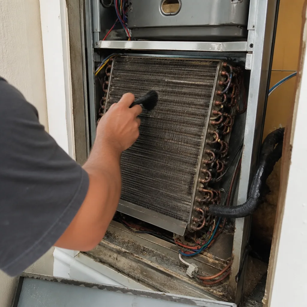 Technician performing professional HVAC system coil cleaning maintenance